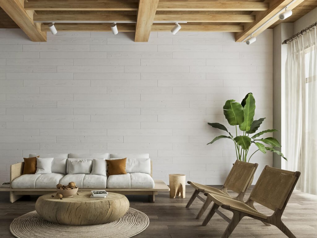 White Peel And Stick Wall Panels For Wood Accent Wall, Japandi Living Room
