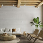 White peel and stick wall panels for wood accent wall, Japandi living room