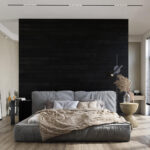 Black accent wall, black wood wall paneling