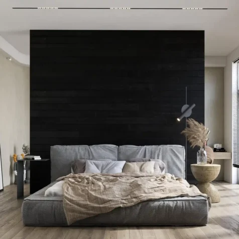 Black accent wall, black wood wall paneling