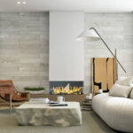 White wood wall paneling, Japandi living room