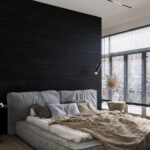 Black accent wall, black wood wall paneling