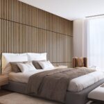 Modern wood slat accent wall with headboard wall panels