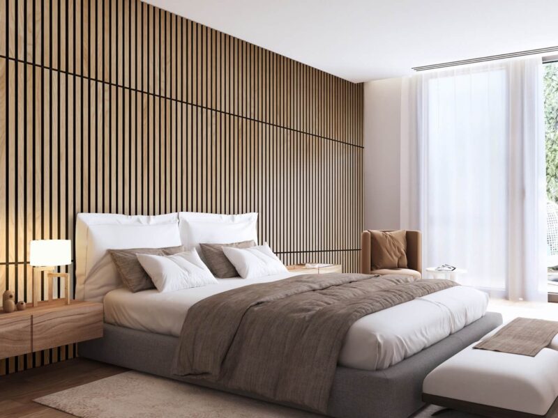 Modern wood slat accent wall with headboard wall panels