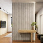 White Wood Veneer slatted wood wall panels, Japandi living room