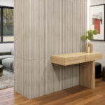 white wood paneling with acoustic slat wall panels, Japandi living room