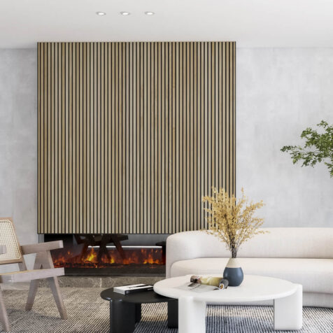 DIY electric fireplace with modern wood slat accent wall