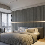 Modern wood slat accent wall bedroom