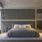 Modern wood slat accent wall bedroom