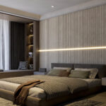 White wood slat wall bedroom