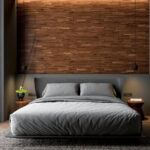 Walnut Linear 3d wall panels. Wooden headboard with walnut wall panels