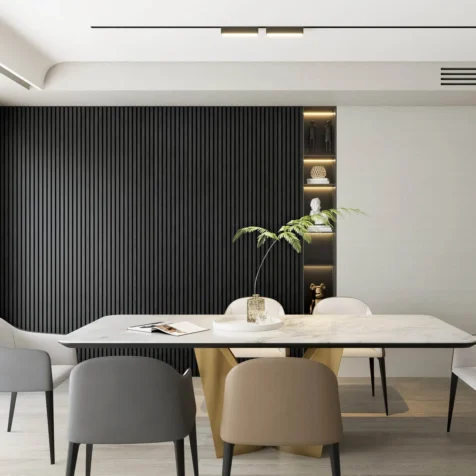 Black wall with wood slats