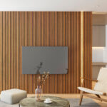 Slat wall panels for tv accent wall with led wall lights