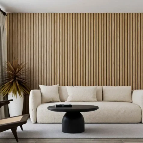 Living room wood accent wall with fluted wood panels