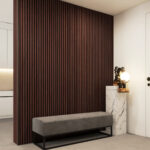 Brown accent wall with lima full height wood slat wall panels