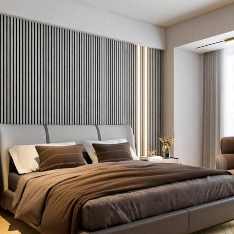 Grey Wood slat wall panels for bedroom