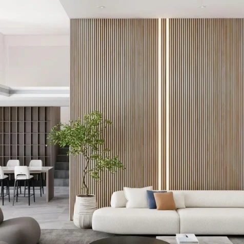 Living room wood slat wall with LED accent lighting