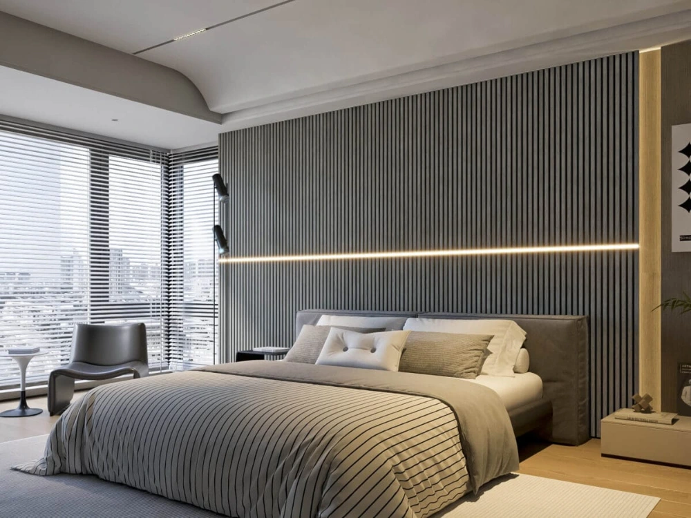 Above nightstands or floating shelves